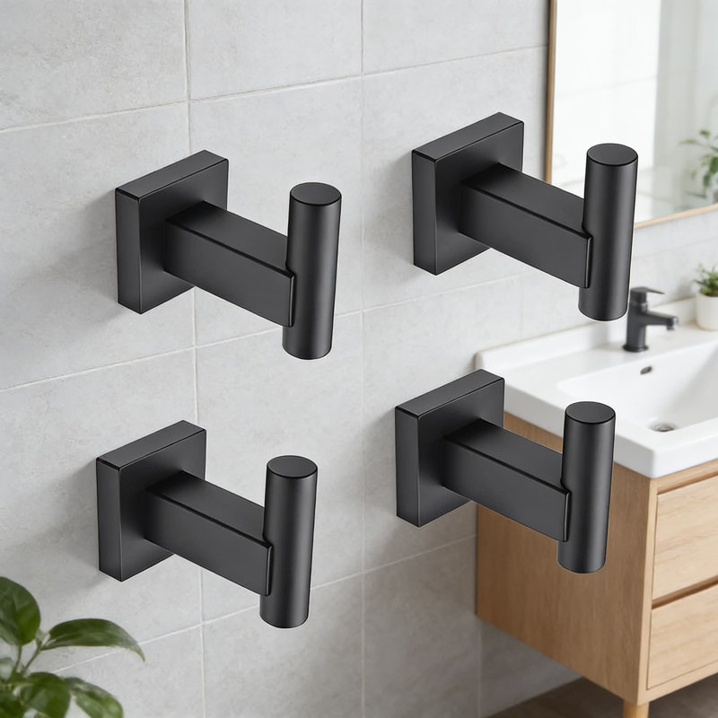 Ensemble de crochets à serviette noir mat, crochet mural pour manteau et peignoir en acier inoxydable SUS 304 pour salle de bain, cuisine et garage, conception carrée avec vis dissimulées (paquet de 4)
