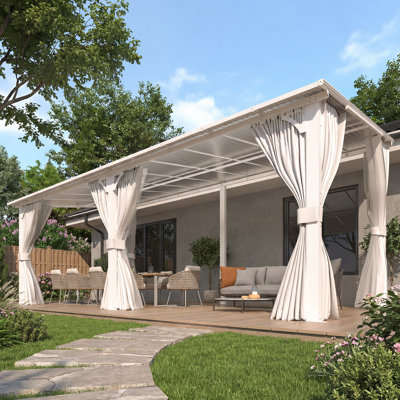 White Hard Top Lean To Gazebo Pergola With Curtains And Mosquito Netting
