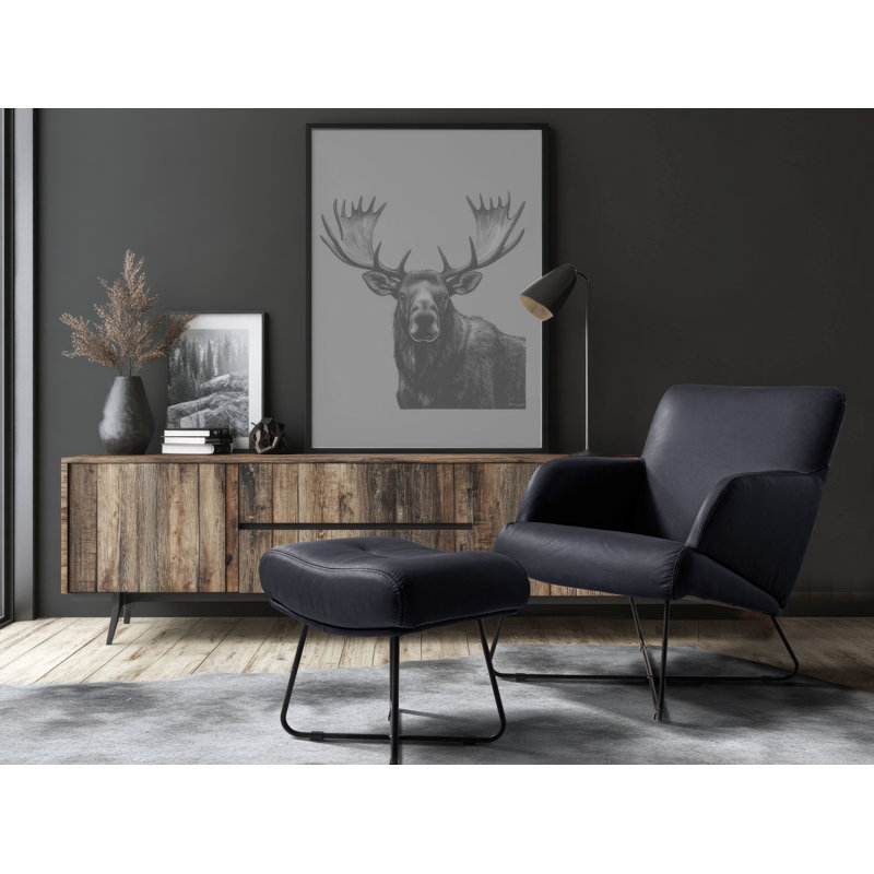 Averie Genuine Leather Designer Armchair With Footstool Included, Black Blue