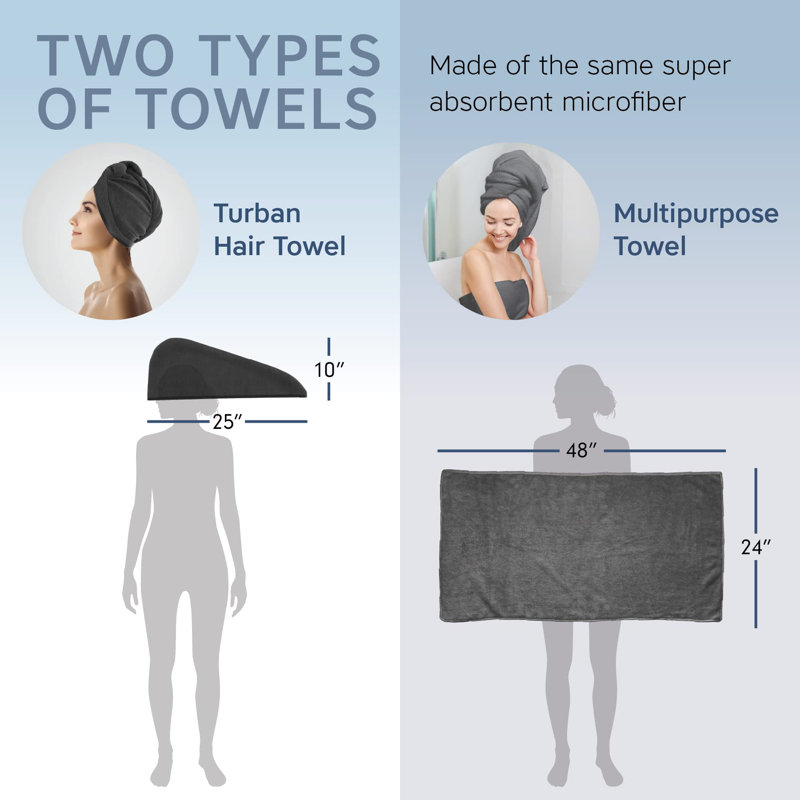 Ensemble de 2 serviettes pour cheveux en microfibre Scala Twist - gris, turban 10 po x 25 po