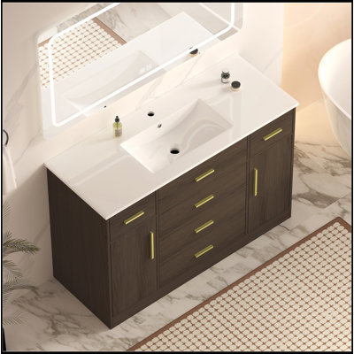 Meuble-lavabo brun foncé de 48 po avec rangement abondant, portes à fermeture en douceur et tiroirs pour des salles de bain élégantes et fonctionnelles