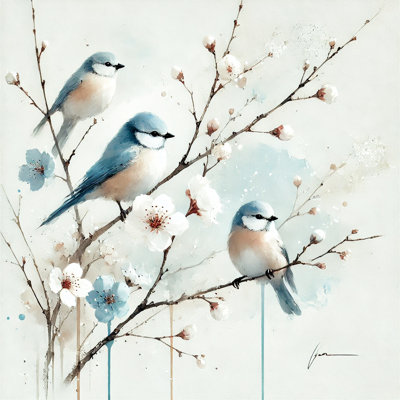 Impression sur toile Peaceful Perch - Spring Bluebirds and Blossoms
