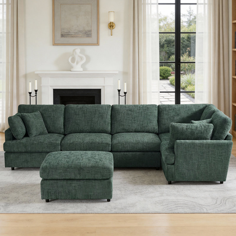 6 - Piece Reversible Modular Corner Sectional with Removable Ottoman, Green