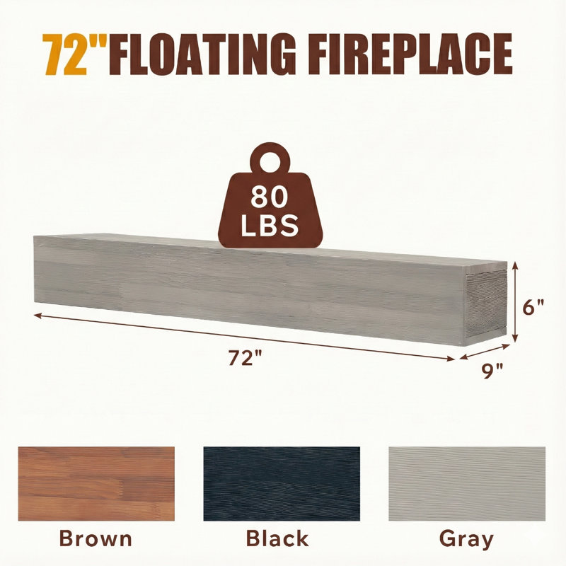 72" Solid Wood Fireplace Mantel, Floating Shelves, 72", Gray