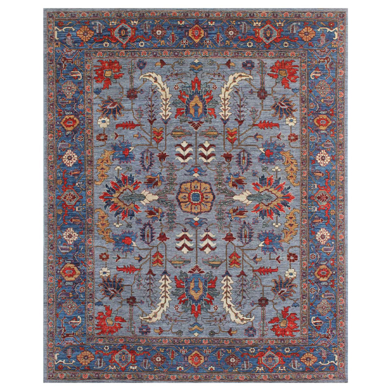 Tapis unique en laine noué à la main de 7 pi 11 po x 9 pi 10 po gris / rouge / bleu