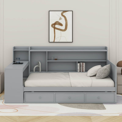 Lit de jour simple en bois avec tiroirs et bureau
