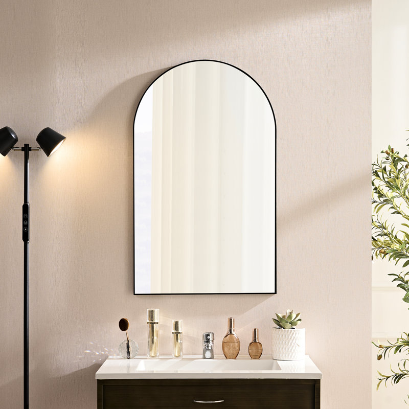 Miroir de salle de bain arqué en alliage d'aluminium 40 po x 30 po noir - reflet transparent, cadre antirouille, coffre-fort en métal 30 x 40, support, mélange moderne et industriel