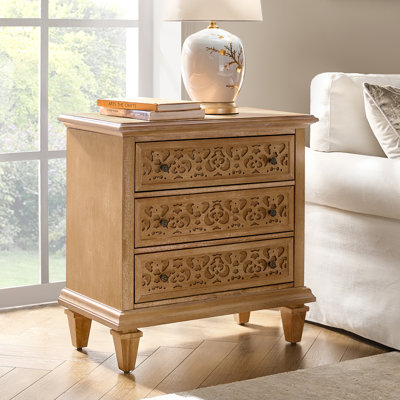 Talona 29'' W Transitional Carved 3-Drawer Nightstand with Built-In Outlets and Solid Wood Legs