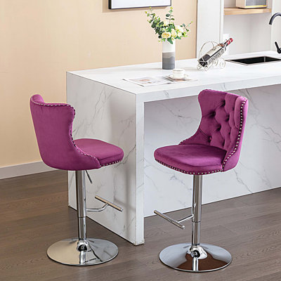 Tabourets de bar pivotants en velours à hauteur de siège réglable, tabourets de bar à base chromée avec dossier capitonné confortable, ensemble de 2