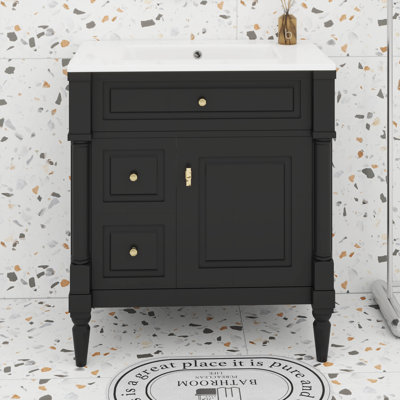 Bathroom Vanity With Ceramic Sink, 2 Drawers & Flip Door Storage, Adjustable Shelf