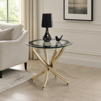 Round Glass Top End Table with Rose Brass Finish and Black Frame
