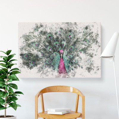 Mesmerising Pink & Green Peacock Watercolour - Wrapped Canvas