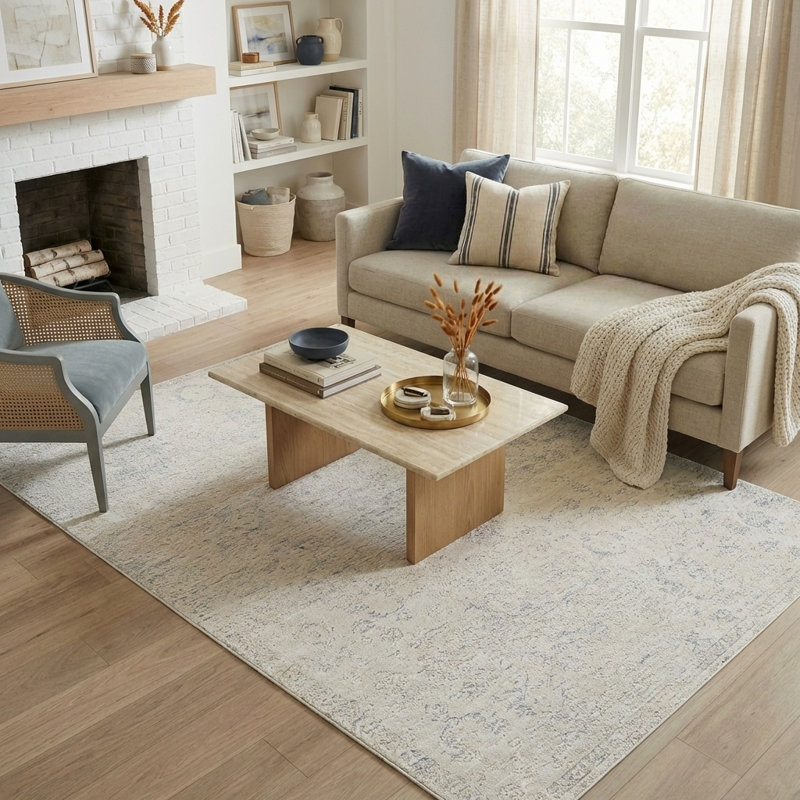 Tapis d'intérieur floral beige / gris Kwamane, Rectangulaire 2 pi x 3 pi
