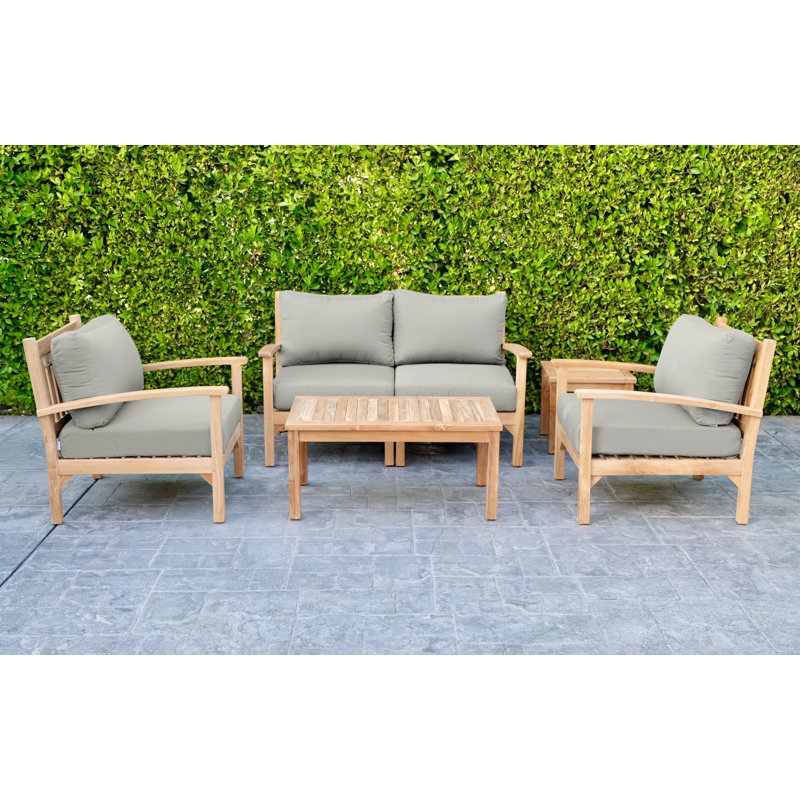 Ensemble de conversation avec causeuse en teck 5 pièces avec coussins Sunbrella Huntington, Sunbrella® granit