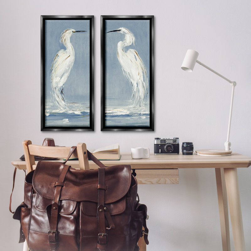 «White Herons with Ocean Wave», ensemble de 2 toiles flottantes encadrées, design par Sally Swatland, H 31 po x l 15 po
