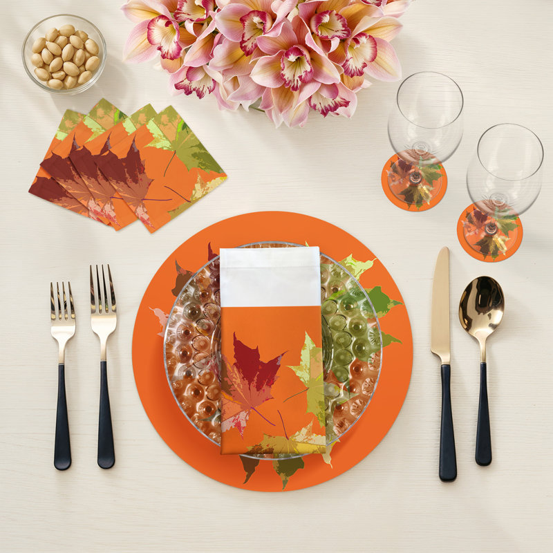 Autumn Leaves Vegan Leather Round Pebble Placemat, Orange