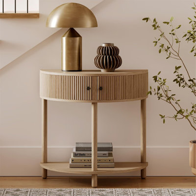 Fluted Half Moon Console Table - Small Entry Desk - Living Room Furniture - Modern Home Decor - Solid Wood Entryway Table With Two Doors And Black Knobs (natural Oak)