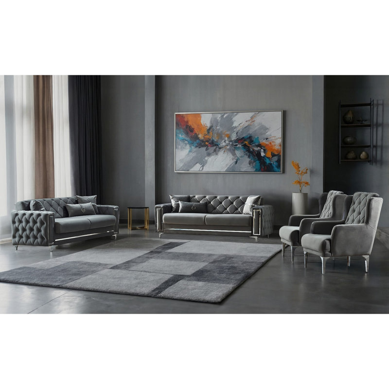 Jadius 4 - Piece Velvet Living Room Set, Gray, Silver