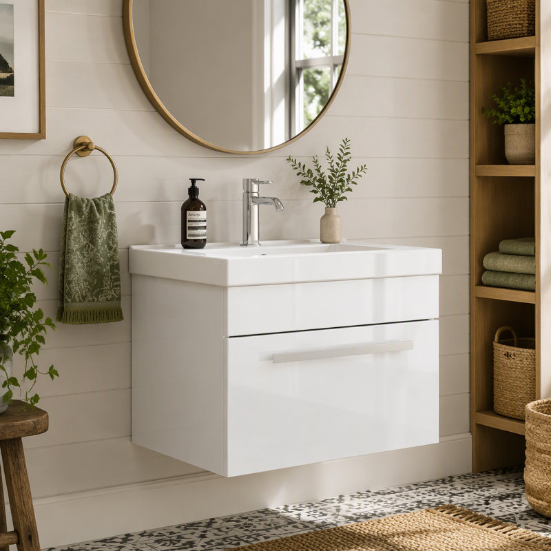 Meuble-lavabo mural avec lavabo, 61 cm (24 po), 1 tiroir, lavabo en céramique blanche brillante à bords épais, sans poignée.