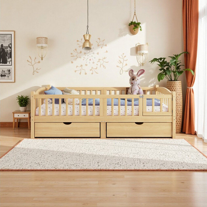 Lit plateforme simple TG avec garde-corps et tiroirs de rangement pour enfants - bois naturel, sécuritaire et élégant