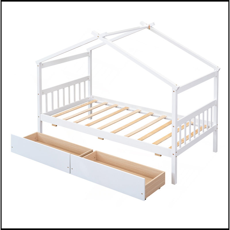 Lit en bois avec tiroirs, Blanc