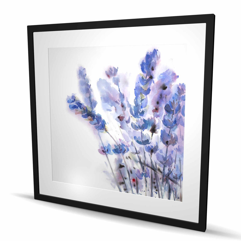 Aquarelle de fleurs de lavande - impression botanique encadrée, H 36 po x l 36 po, Noir