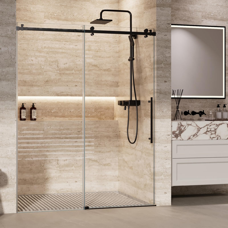 Shower Glass Door with Waterroof Seal Strip, Adjustable (56-60" W x 75 "H) Frameless Sliding Shower Door with Easy-Clean Coating SGCC Tempered Glass 5/16" (8mm), Stainless Steel Hardware, Black