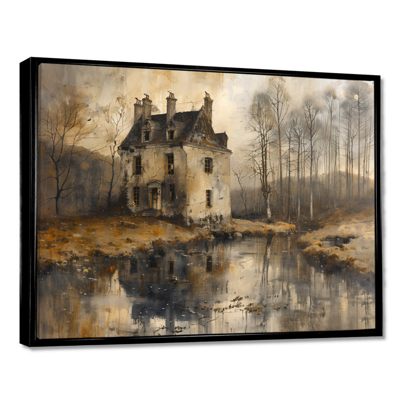 Décoration murale grise noire rustique près du lac II - Châteaux, Toile avec cadre flottant noir, H 16 po x l 32 po x P 1 po