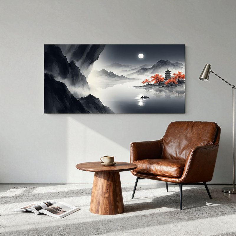 Tableau sur toile représentant un paysage de montagne à l'encre avec des arbres rouges et une pagode, L 24 po x H 12 po