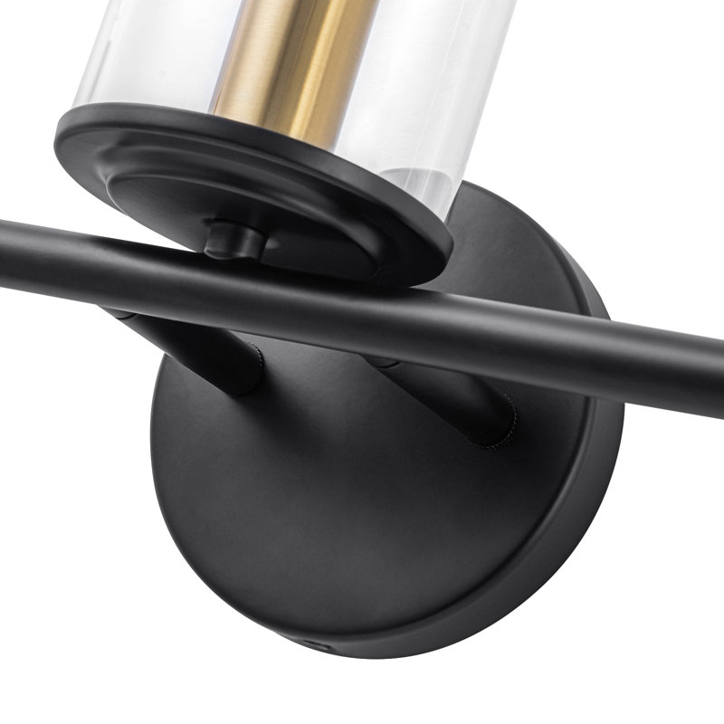 Luminaire de meuble-lavabo moderne à 3 lumières noir mat et doré 22 po avec abat-jour en verre transparent nervuré à la main | Applique murale en verre texturé style Mid-Century | Base E12 | Homologué ETL