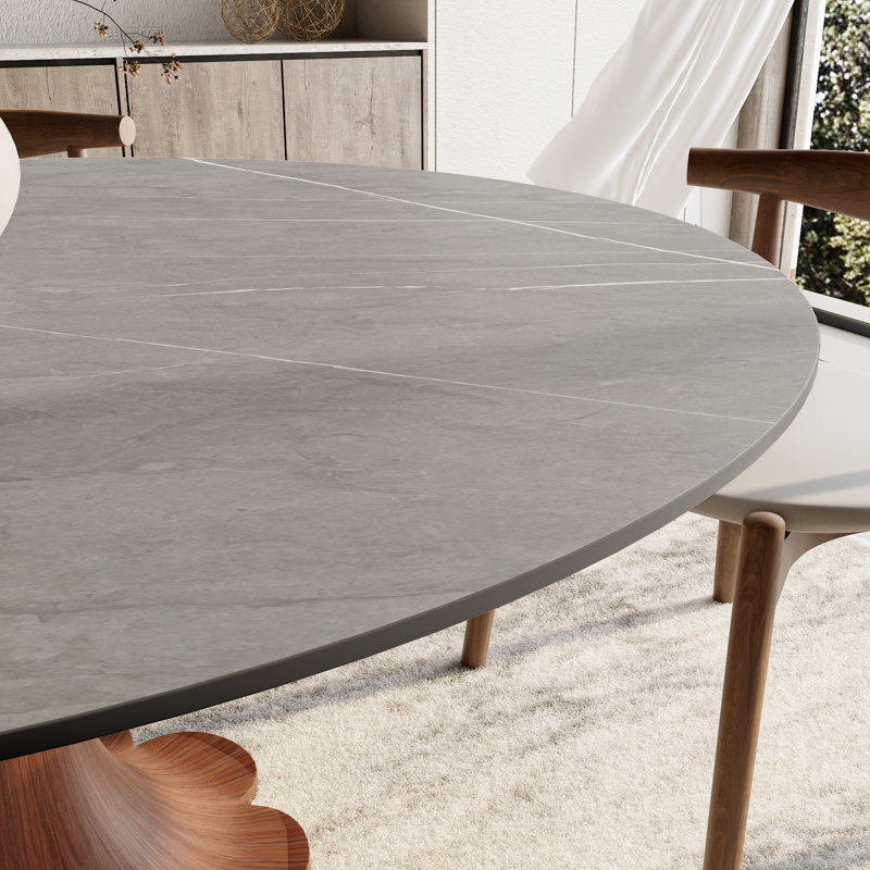 Table de salle à manger ronde ronde en pierre avec base en bois massif pour 4 à 10 personnes, Brun, Gris