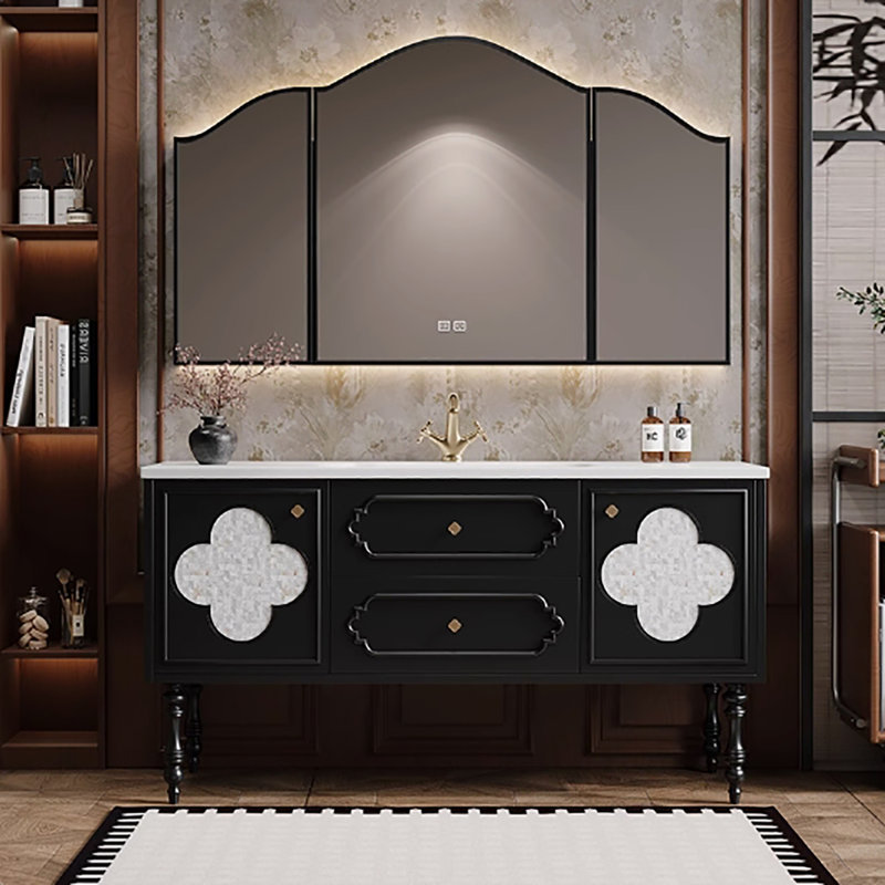 Meuble-lavabo autoportant 47,24 po en bois massif noir et blanc avec miroir, 47"