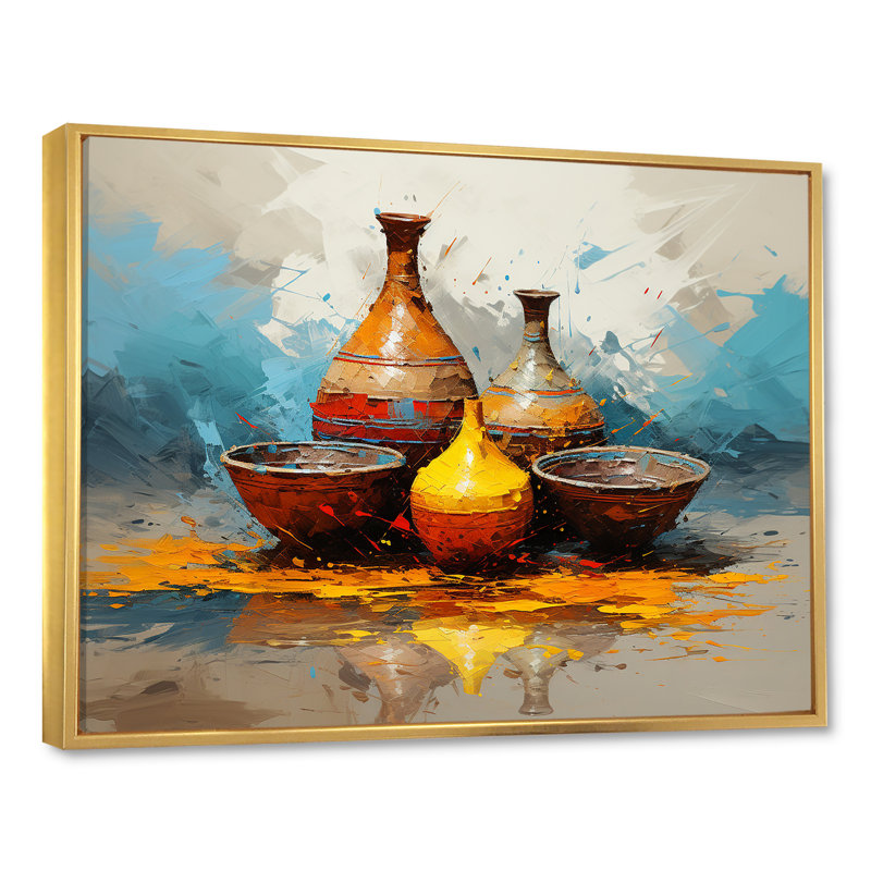 Yellow Boho Pottery Design - Boho Pottery Wall Art Decor, Gold Floater Framed, 30" H x 40" W x 1.5" D
