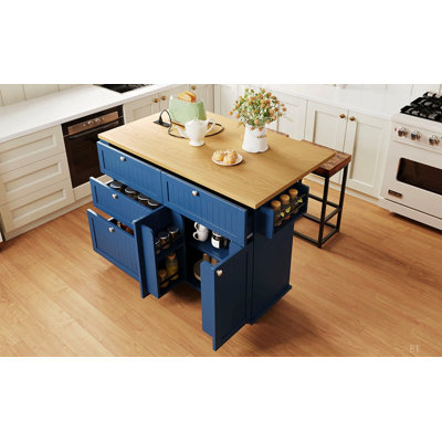 [Vidéo de présentation du produit disponible] Îlot de cuisine de ferme avec abattant et 2 sièges, ensemble de table de cuisine avec armoire de rangement, tiroirs, tablettes de porte et prise de courant Topmax