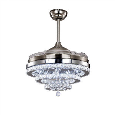 42-Inch Crystal Ceiling Fan with Remote Control, 3-Speed Dimmable LED Chandelier Fan, Retractable Blades for Living Room Bedroom