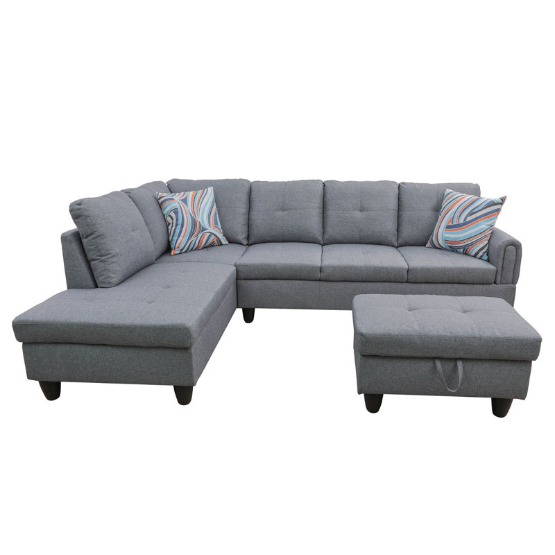Ensemble canapé d'angle 3 pièces en lin gris pâle avec pouf de rangement, Velours gris clair, Accoudoir à gauche (vu de face)