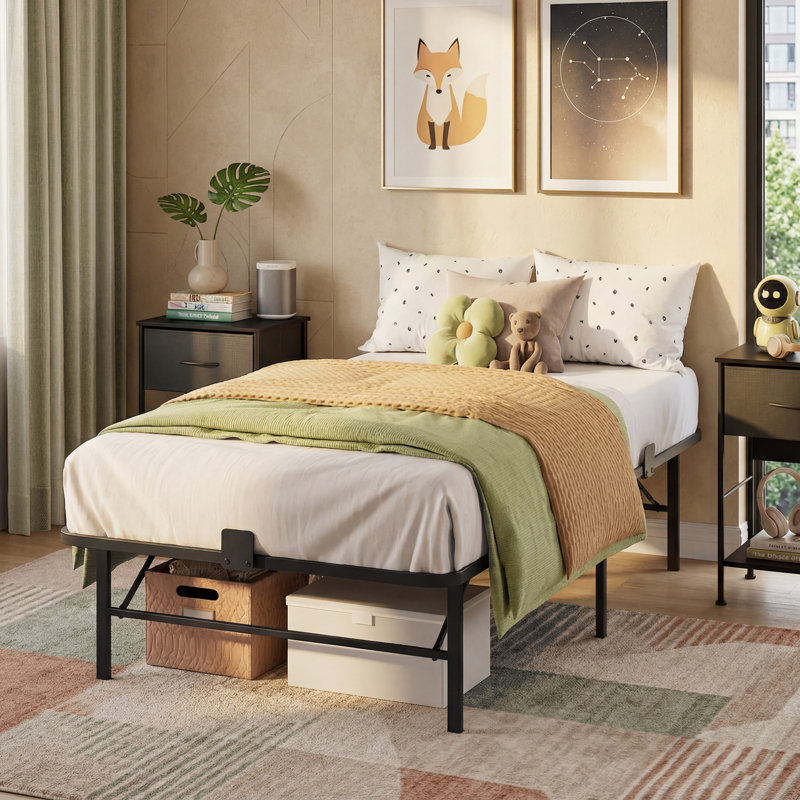 Lit simple en métal Antioch avec supports de matelas à 360 ° et rangement sous le lit, aucun sommier requis, assemblage facile