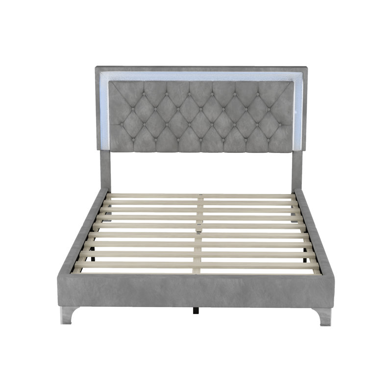 Structure de lit tapissier avec lumières DEL, lit plateforme en velours moderne avec tête de lit capitonnée, Gris, Lit double