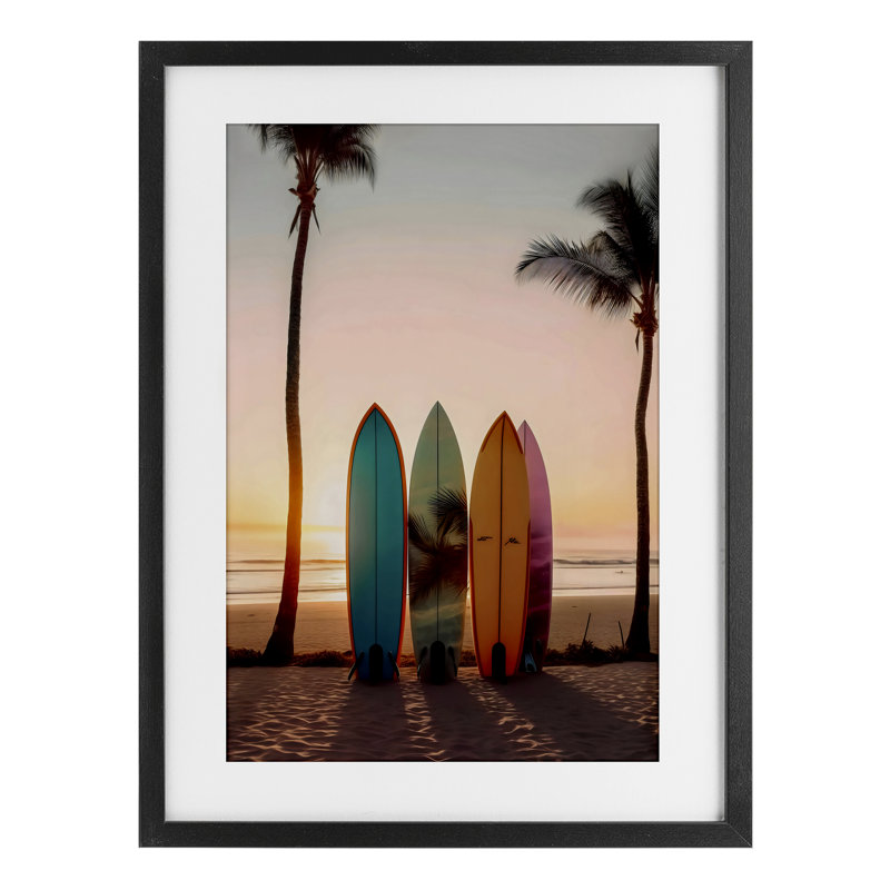 Quatre planches de surf au coucher du soleil, reproduction encadrée sous verre, design par LSR Design Studio