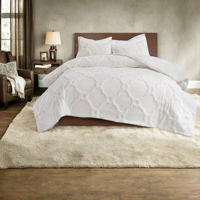 Luxurious Tufted Cotton Geometric Bedding Set, Off-white, Full/queen