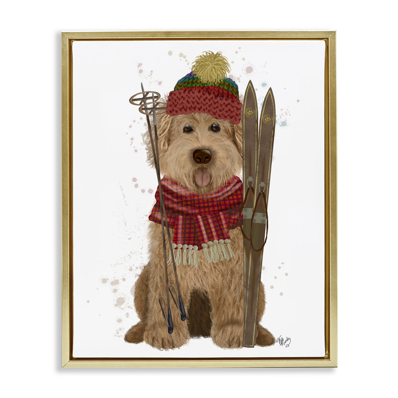 «Dog with Winter Skis» par Fab Funky, Cadre flottant métallique doré, H 21 po x l 17 po