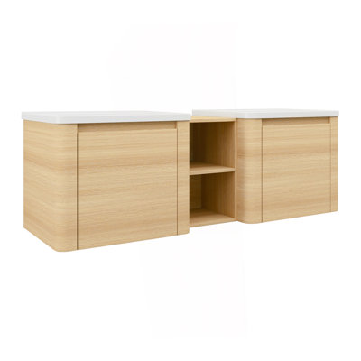 Meuble-lavabo mural 60 po avec lavabo en céramique blanche et tablettes de rangement et 2 portes à fermeture en douceur, emballage KD, contreplaqué, chêne blanc américain
