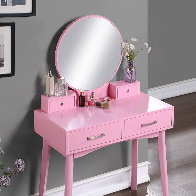 Liannon Contemporary Wood Vanity And Stool Set, Pink