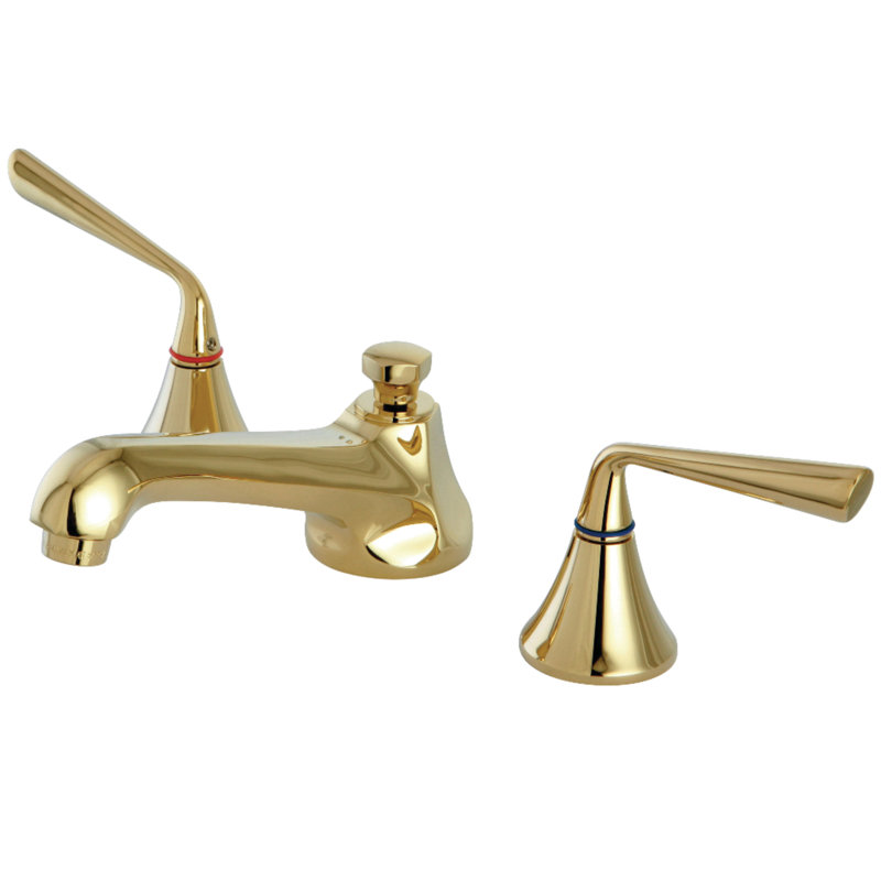 Kingston Brass Two-Handle 3-Hole Deck Mount Widespread Bathroom Faucet with Brass Pop-Up Drain, Polished Brass