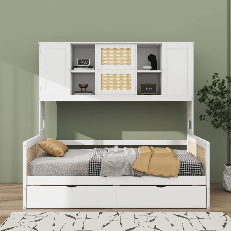 Lit de jour en bois robuste avec 2 tiroirs, une armoire et une étagère, Lit double, Blanc