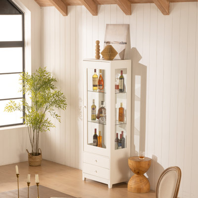 71'' Freestanding Wine Cabinet With Adjustable Shelves, Upholstered Doors, 2 Storage Drawers, Glass Door, 5 Colors Led Ceiling , 180° Panoramic View For Dining Room Style - White Elements,