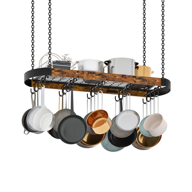 Support à casseroles pour la cuisine peu encombrant, support pour casserole de plafond avec 16 crochets en S amovibles, brun rustique et noir