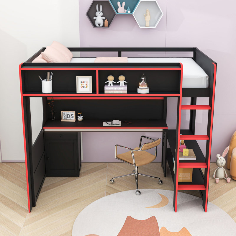 Lit mezzanine avec tablette et tablettes Gaming, Twin, Black/Red