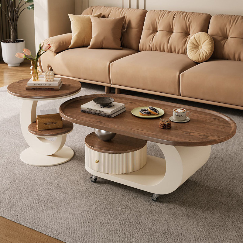 Ensemble de tables basses rondes en bois massif blanc, H 23,62 po x l 59,06 po x P 23,62 po, Brun et blanc