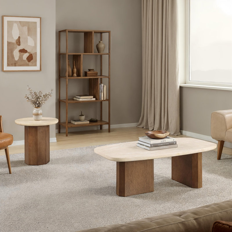 Table basse 1pc de style contemporain en forme de travertin jaune et chêne brun